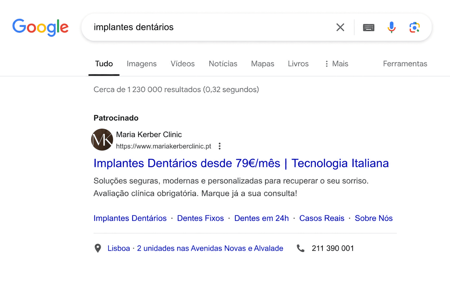 Exemplo de anúncio Google Ads da campanha de implantologia